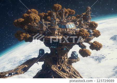 Floating tree city in space showcases futuristic architecture amid the cosmos Floating tree city in space showcases futuristic architecture amid the cosmos 123729089