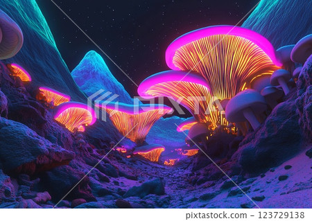 Vibrant glow of neon mushrooms under a starry night sky in a mystical forest landscape 123729138
