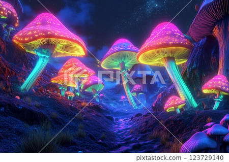 Vibrant glow of neon mushrooms under a starry night sky in a mystical forest landscape Vibrant glow of neon mushrooms under a starry night sky in a mystical forest landscape 123729140