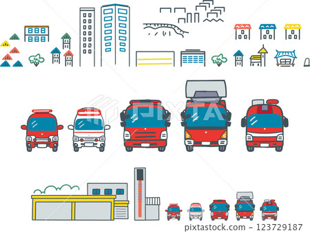 工作車、消防車、消防局和城市景觀的庫存插圖素材 123729187