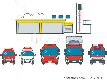 工作車輛、消防車和消防局的庫存插圖素材 123729188