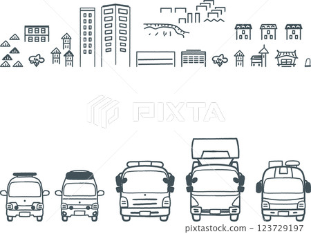 Working cars, fire engines and cityscape, monochrome set stock illustration material Working cars, fire engines and cityscape, monochrome set stock illustration material 123729197