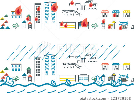 Major disaster: A cityscape hit by a major fire and a cityscape hit by heavy rain - set of stock illustrations Major disaster: A cityscape hit by a major fire and a cityscape hit by heavy rain - set of stock illustrations 123729198