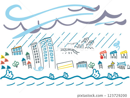 重大災難：遭受大火災的城市景觀遭受大雨的城市景觀庫存插圖素材 123729200