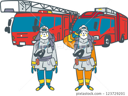 People working at the fire station Two firefighters and a fire truck Set stock illustration material People working at the fire station Two firefighters and a fire truck Set stock illustration material 123729201