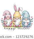 Cute Easter Gnomes in Pastel Hats with Bunny Ears, Flowers, and Eggs 123729276
