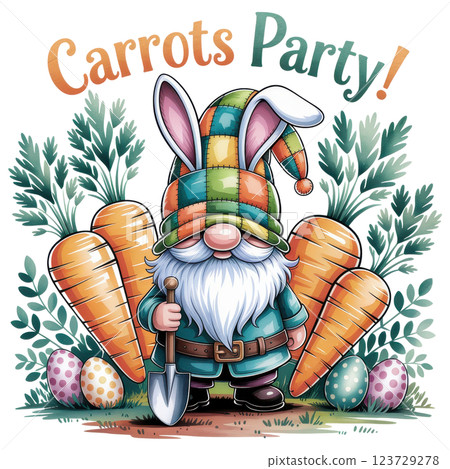 Whimsical Easter Gnome with Bunny Hat and Carrots. Carrot Party Fun Whimsical Easter Gnome with Bunny Hat and Carrots. Carrot Party Fun 123729278
