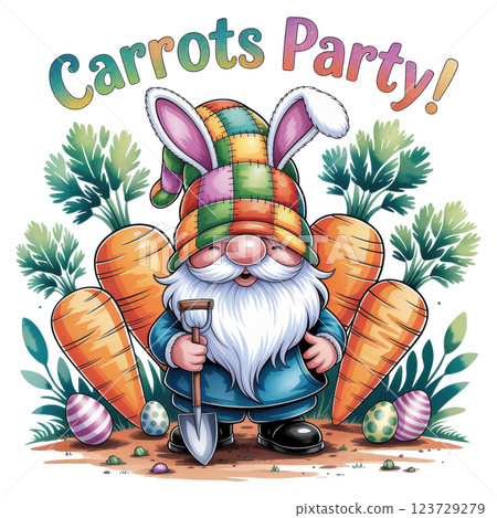 Playful Easter Gnome with Bunny Hat and Carrots Party Delight Playful Easter Gnome with Bunny Hat and Carrots Party Delight 123729279