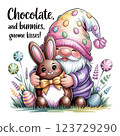 Adorable Easter Gnome Hugging Chocolate Bunny. Sweet Springtime Joy 123729290