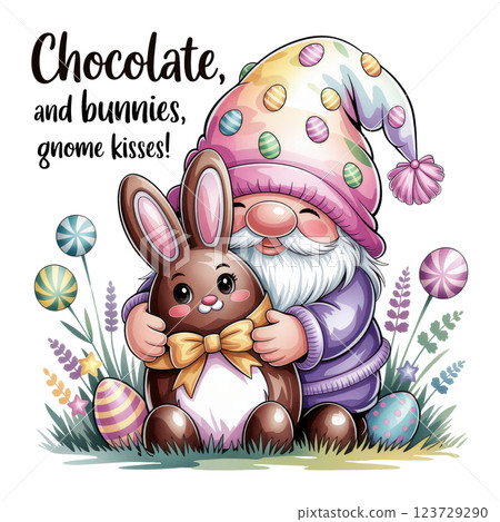 Adorable Easter Gnome Hugging Chocolate Bunny. Sweet Springtime Joy Adorable Easter Gnome Hugging Chocolate Bunny. Sweet Springtime Joy 123729290