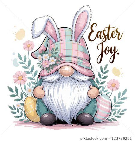 Elegant Easter Gnome with Bunny Hat and Floral Details. Springtime Joy Elegant Easter Gnome with Bunny Hat and Floral Details. Springtime Joy 123729291