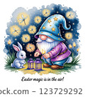 Whimsical Easter Gnome Wizard with Bunny and Fireflies in a Magical Night 123729292