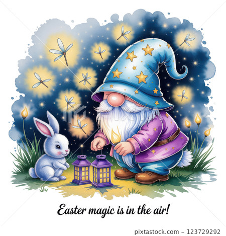 Whimsical Easter Gnome Wizard with Bunny and Fireflies in a Magical Night Whimsical Easter Gnome Wizard with Bunny and Fireflies in a Magical Night 123729292