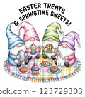 Adorable Easter Gnomes Sharing Treats at a Picnic with Cupcakes and Bunny 123729303