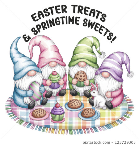 Adorable Easter Gnomes Sharing Treats at a Picnic with Cupcakes and Bunny Adorable Easter Gnomes Sharing Treats at a Picnic with Cupcakes and Bunny 123729303