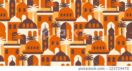 Ramadan Kareem concept middle eastern, islamic city or village scene seamless pattern: Arabic style background 123729478