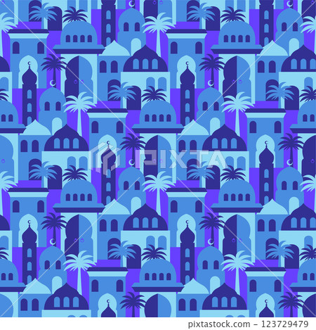 Ramadan Kareem concept middle eastern, islamic old city or oriental traditional village scene seamless pattern 123729479