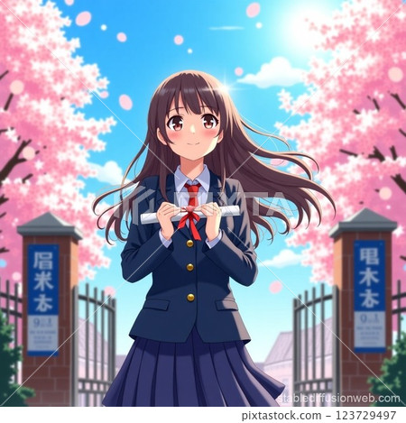 School girls wearing uniforms in front of the school building 123729497