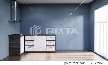 Scene blue Kitchen room scene mock up . 3D rendering 123729529