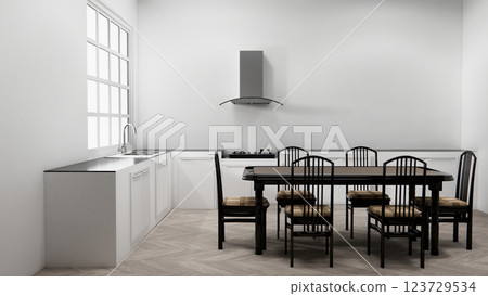 White tone tiles on Kitchen room modern style.3D rendering 123729534
