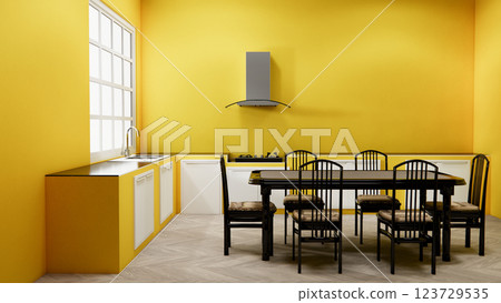 Mock up yellow dinner room mock up.3D rendering 123729535