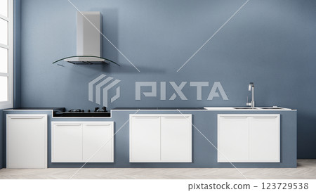 Scene blue Kitchen room scene mock up . 3D rendering Scene blue Kitchen room scene mock up . 3D rendering 123729538
