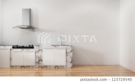 white kitchen room scene mockup and set shaped kitchen design. 3d rendering 123729540
