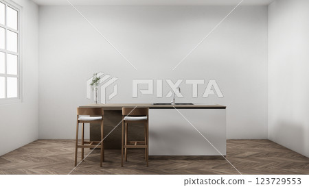 Kitchen bar on set kitchen shaped modern style white and wood concept. 3d rendering Kitchen bar on set kitchen shaped modern style white and wood concept. 3d rendering 123729553