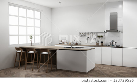 Kitchen bar on set kitchen shaped modern style white and wood concept. 3d rendering 123729556