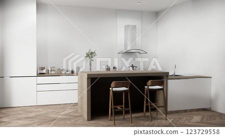 Kitchen bar on set kitchen shaped modern style white and wood concept. 3d rendering 123729558