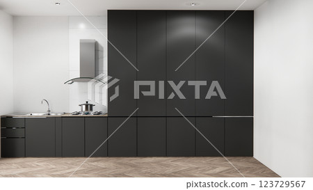 blank concept kitchen room scene mockup and set shaped kitchen design. 3d rendering 123729567