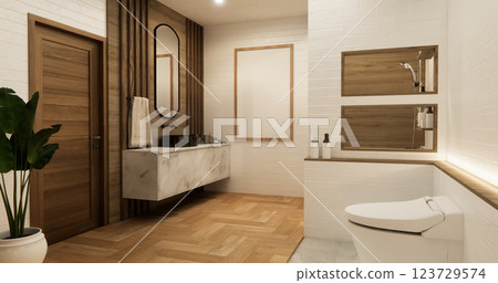 White Toilet and decoartion on modern zen toilet room japan style .3D rendering 123729574