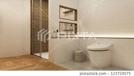 White Toilet and decoartion on modern zen toilet room japan style .3D rendering White Toilet and decoartion on modern zen toilet room japan style .3D rendering 123729575