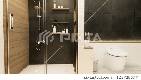 Two tone black and white Mockup scene bathroom with shower and Toilet and decoration on modern toilet room japanese style .3D rendering Two tone black and white Mockup scene bathroom with shower and Toilet and decoration on modern toilet room japanese style .3D rendering 123729577