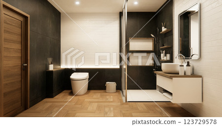 Two tone black and white Mockup scene bathroom with shower and Toilet and decoration on modern toilet room japanese style .3D rendering Two tone black and white Mockup scene bathroom with shower and Toilet and decoration on modern toilet room japanese style .3D rendering 123729578