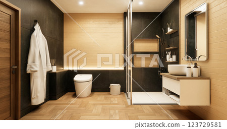 yellow color concept bathroom shower and Toilet and decoartion on modern zen toilet room japan style .3D rendering yellow color concept bathroom shower and Toilet and decoartion on modern zen toilet room japan style .3D rendering 123729581
