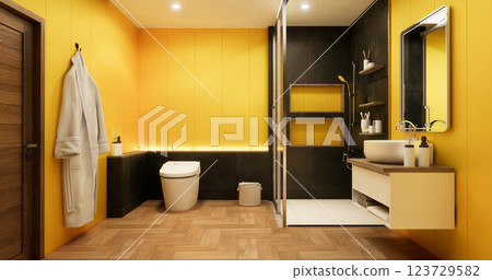 yellow color concept bathroom shower and Toilet and decoartion on modern zen toilet room japan style .3D rendering yellow color concept bathroom shower and Toilet and decoartion on modern zen toilet room japan style .3D rendering 123729582