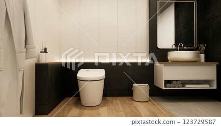 Two tone black and white Mockup scene bathroom with shower and Toilet and decoration on modern toilet room japanese style .3D rendering 123729587