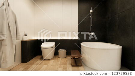 Two tone black and white Mockup scene bathroom with shower and Toilet and decoration on modern toilet room japanese style .3D rendering 123729588