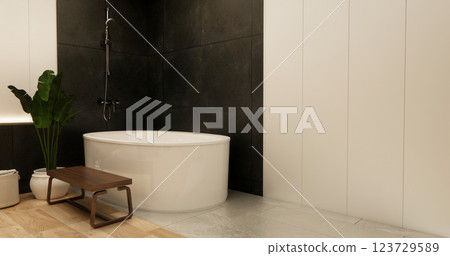 Two tone black and white Mockup scene bathroom with shower and Toilet and decoration on modern toilet room japanese style .3D rendering 123729589
