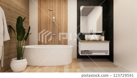 Two tone black and white Mockup scene bathroom with shower and Toilet and decoration on modern toilet room japanese style .3D rendering 123729591