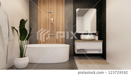 Two tone black and white Mockup scene bathroom with shower and Toilet and decoration on modern toilet room japanese style .3D rendering Two tone black and white Mockup scene bathroom with shower and Toilet and decoration on modern toilet room japanese style .3D rendering 123729592