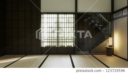 Nihon room design interior with door paper and cabinet shelf wall on tatami mat floor room japanese style. 3D rendering Nihon room design interior with door paper and cabinet shelf wall on tatami mat floor room japanese style. 3D rendering 123729596