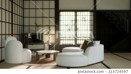 Scene living mock up sofa armchair minimalist design modern muji style.3D rendering 123729597
