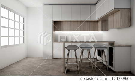Kitchen bar on set kitchen shaped modern style white and wood concept. 3d rendering 123729605