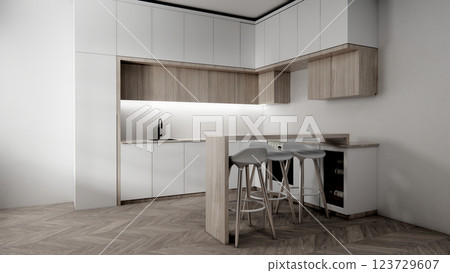Kitchen bar on set kitchen shaped modern style white and wood concept. 3d rendering Kitchen bar on set kitchen shaped modern style white and wood concept. 3d rendering 123729607