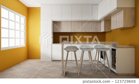 Mock up yellow Kitchen room mock up.3D rendering 123729608
