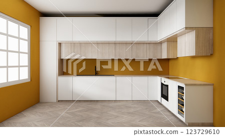 Mock up yellow Kitchen room mock up.3D rendering Mock up yellow Kitchen room mock up.3D rendering 123729610