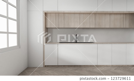 white kitchen room scene mockup and set shaped kitchen design. 3d rendering white kitchen room scene mockup and set shaped kitchen design. 3d rendering 123729611