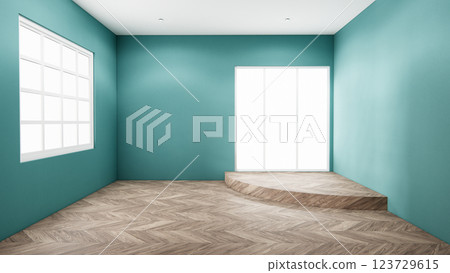 Scene Empty room mint on wooden floor interior design. 3D rendering Scene Empty room mint on wooden floor interior design. 3D rendering 123729615